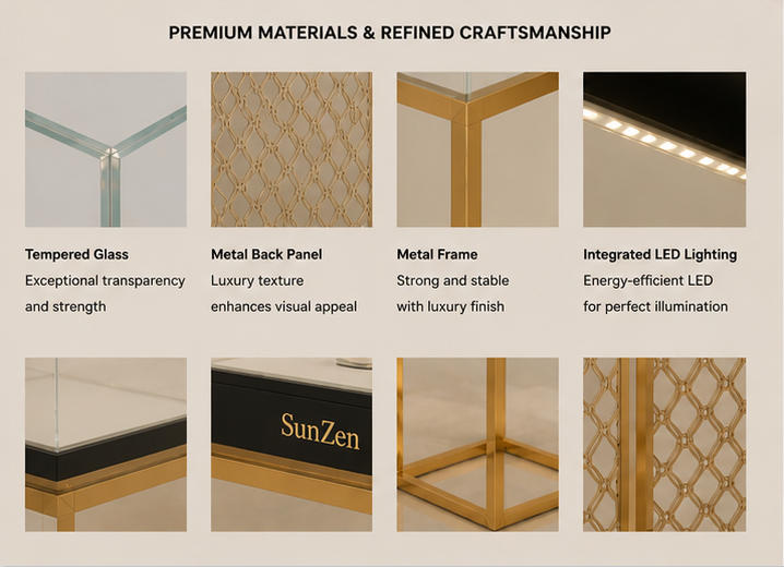 Close-up natural walnut veneer sliding track tempered glass frame detail