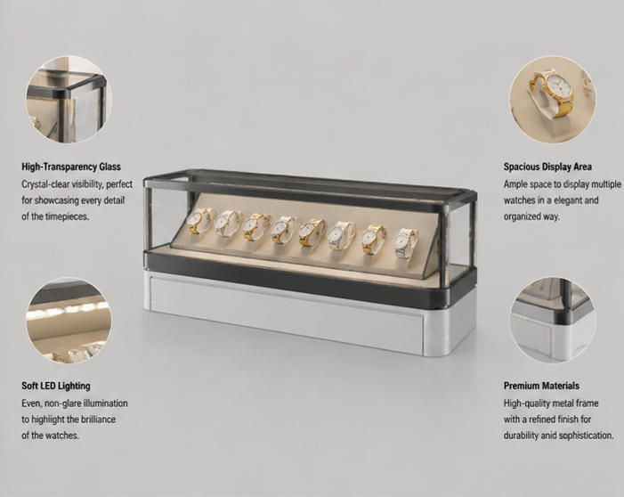 Structure of low profile grey vertical watch rack slide front glass showcase