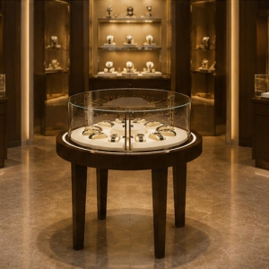 Ash Wood Watch Stand | Single Door Embedded Light Island Cabinet - Sunzen 3 Real installation ash wood island watch vitrine inside luxury watch boutique center