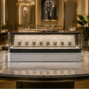 Grey Watch Showcase | Vertical Low Slide Front Timepiece Display Cabinet - Sunzen 6 Grey vertical timepiece fixture mounted inside luxury watch boutique wall