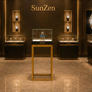 Real shot bronze wall mounted watch cabinet inside high-end horology shop