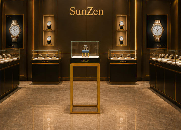Real shot bronze wall mounted watch cabinet inside high-end horology shop