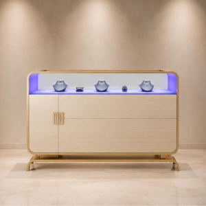 Wood Grain Jewelry Cabinet | Curved Base Side Light Glass Display Counter - Sunzen 2 Wood grain sliding door jewelry cabinet curved metal base side ambient light glass necklace showcase