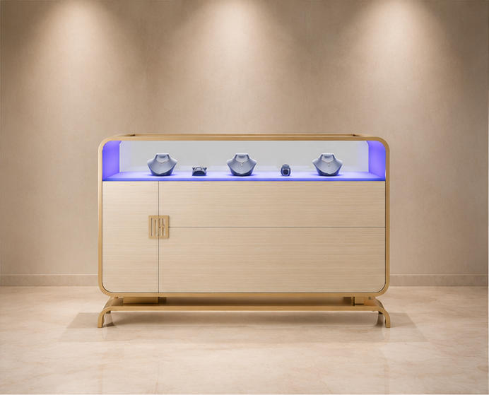 Wood grain sliding door jewelry cabinet curved metal base side ambient light glass necklace showcase