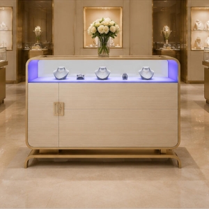 Wood Grain Jewelry Cabinet | Curved Base Side Light Glass Display Counter - Sunzen 3 Wood grain curved base sliding door jewelry cabinet placed inside minimalist light luxury boutique wall