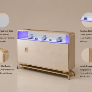 Wood Grain Jewelry Cabinet | Curved Base Side Light Glass Display Counter - Sunzen 5 Structure diagram of curved base wood grain storage cabinet with side light glass necklace display zone