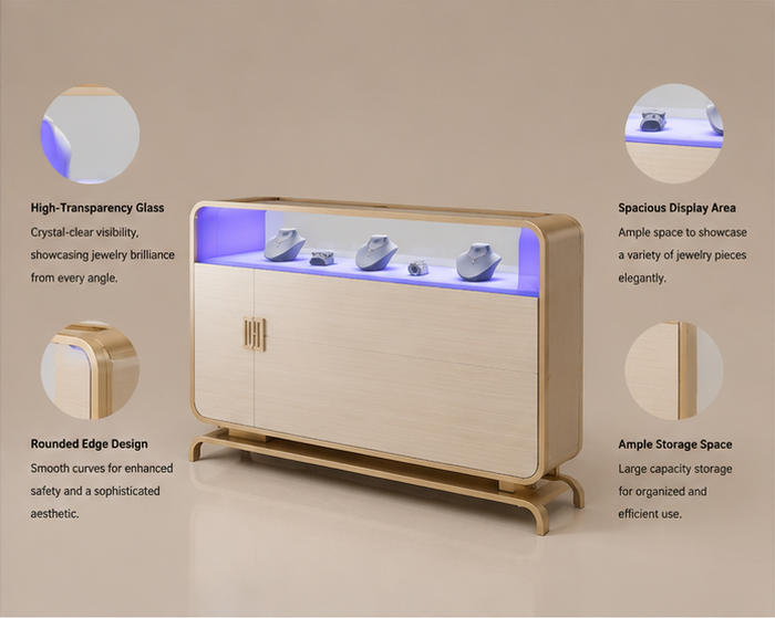 Structure diagram of curved base wood grain storage cabinet with side light glass necklace display zone