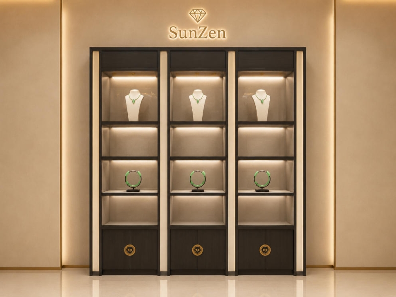 3-Grid Wood Jade Jewelry Wall Cabinet | Vertical Multi-Shelf Glass Display Unit – Sunzen