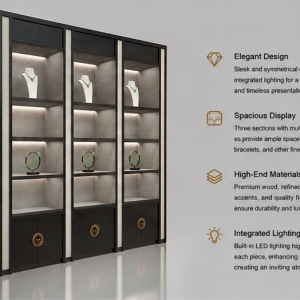 3-Grid Wood Jade Jewelry Wall Cabinet | Vertical Multi-Shelf Glass Display Unit – Sunzen 4 45 Degree Full Render of Wood Jade Display Wall
