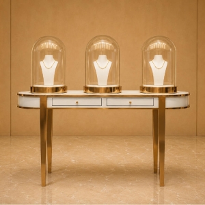 Bell Glass Display | Rose Gold Jewelry Table Store Window Pedestal – Sunzen Display 2 Bell Glass Display | Rose Gold Jewelry Table Store Window Pedestal – Sunzen Display