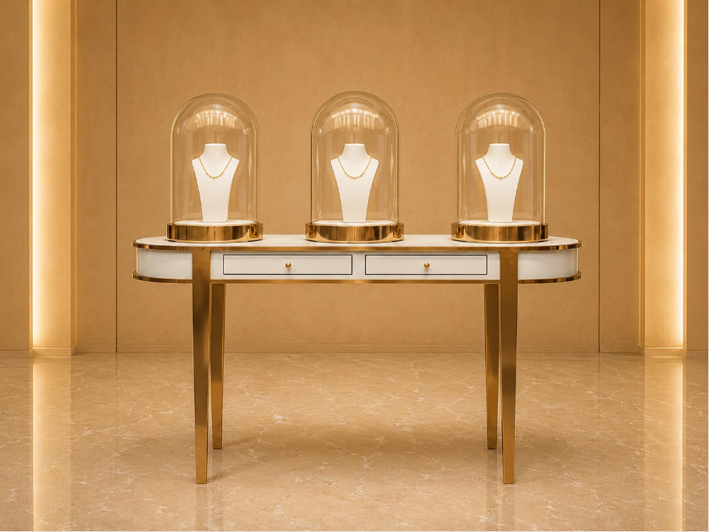 Bell Glass Display | Rose Gold Jewelry Table Store Window Pedestal – Sunzen Display 1 Bell Glass Display | Rose Gold Jewelry Table Store Window Pedestal – Sunzen Display