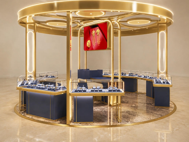 Circular Gold Jewelry Kiosk | Round Open Top Mall Gold Jewelry Booth - SUNZEN