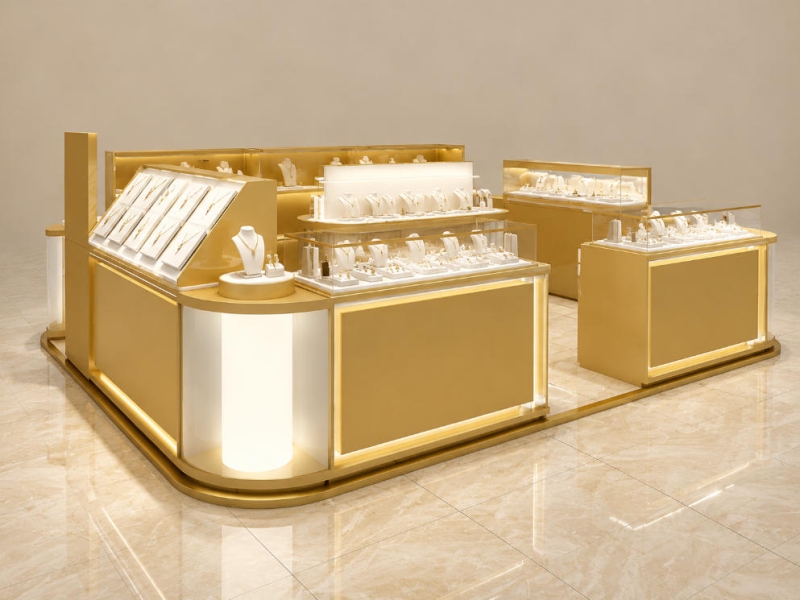 Combined Curved Gold Jewelry Kiosk | Multi Unit Open Display Mall Jewelry Booth - SUNZEN