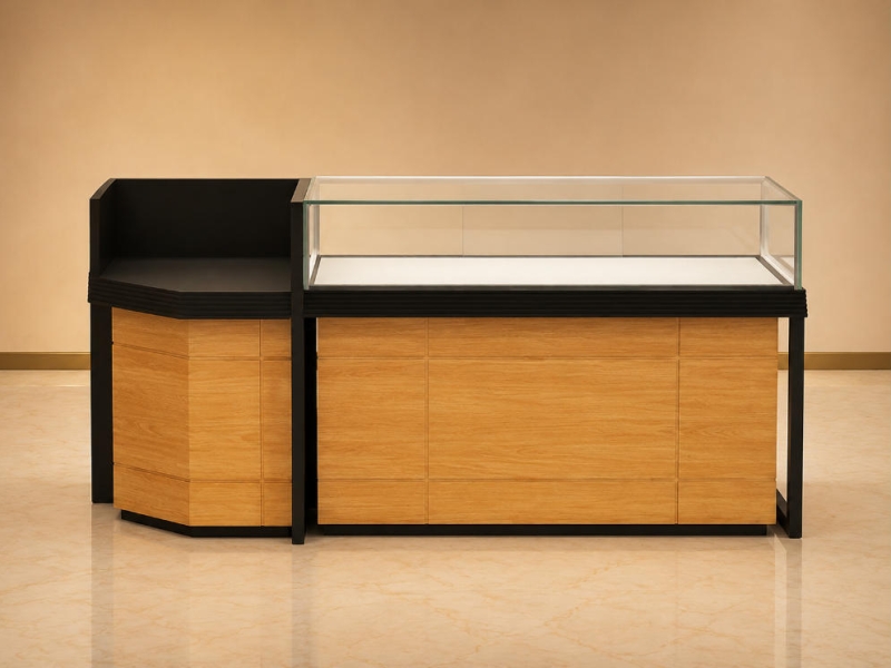 Combined Jewelry Corner Showcase | Wood Grain L-Type Retail Jewelry Cabinet - SUNZEN
