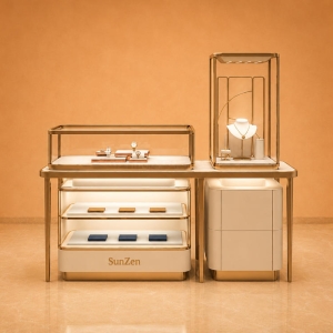 Combined Jewelry Display Set | Two-Tier Pull Out Drawer Tower Counter Top Vitrine Slim Gold Frame Table Mixed Gem Retail Suite