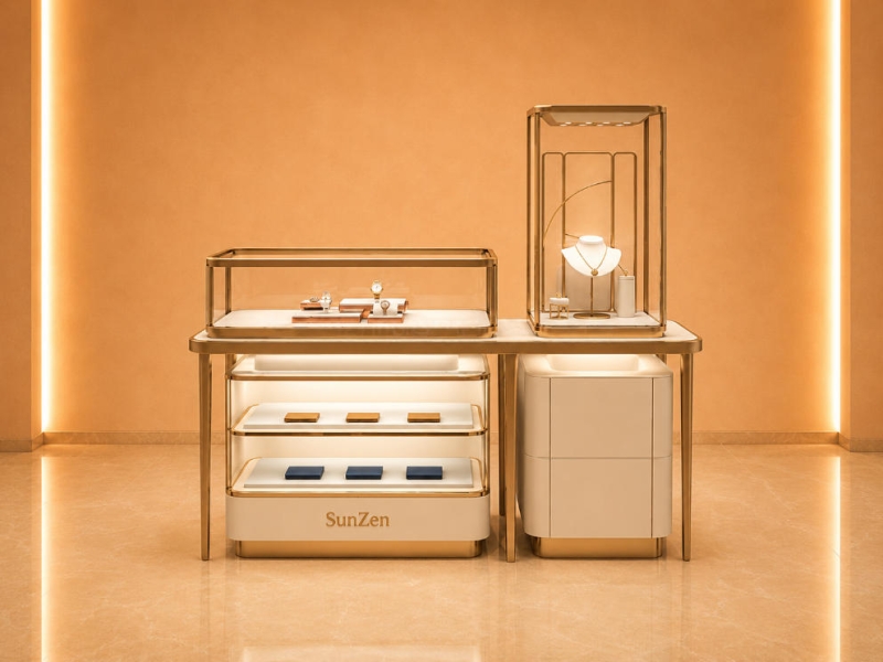 Combined Jewelry Display Set | Two-Tier Pull Out Drawer Tower Counter Top Vitrine Slim Gold Frame Table Mixed Gem Retail Suite