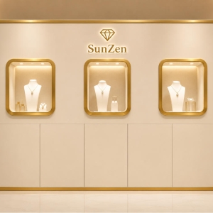 Cream Curved Jewelry Back Wall | Triple Gold Square Niche Brand Display Unit – Sunzen 2 Cream Curved Jewelry Back Wall | Triple Gold Square Niche Brand Display Unit – Sunzen
