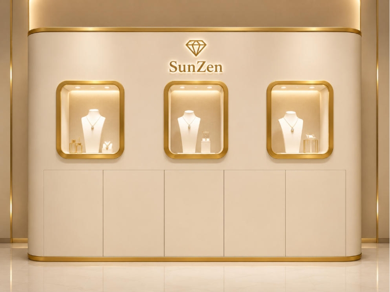 Cream Curved Jewelry Back Wall | Triple Gold Square Niche Brand Display Unit – Sunzen