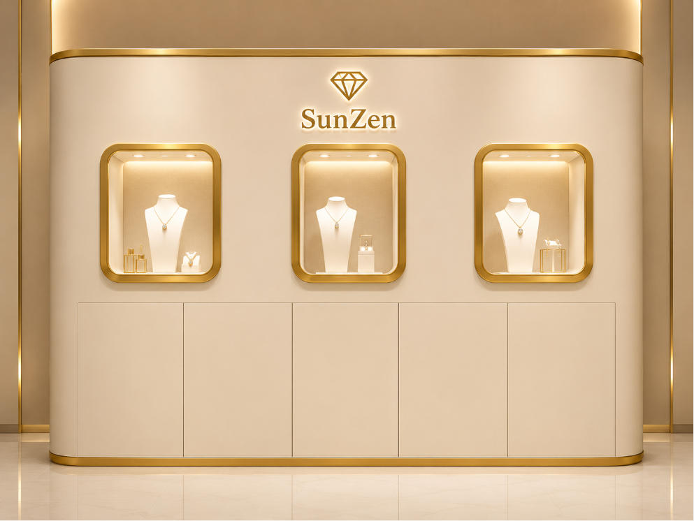 Cream Curved Jewelry Back Wall | Triple Gold Square Niche Brand Display Unit – Sunzen 1 Cream Curved Jewelry Back Wall | Triple Gold Square Niche Brand Display Unit – Sunzen