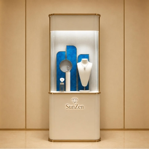Cream Freestanding Jewelry Tower | Curved Gold Frame Blue Velvet Display Cabinet – Sunzen