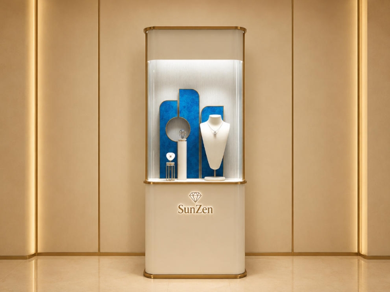 Cream Freestanding Jewelry Tower | Curved Gold Frame Blue Velvet Display Cabinet – Sunzen
