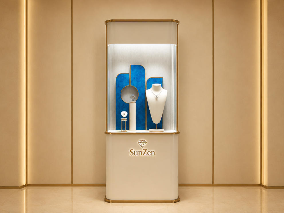 Cream Freestanding Jewelry Tower | Curved Gold Frame Blue Velvet Display Cabinet – Sunzen