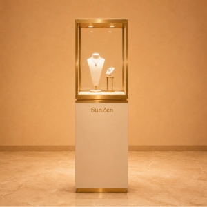Cream Square Pedestal | Gold Frame Tower Vitrine Top Spot Jewelry Booth Necklace Bust Interior Branded Gem Display Stand