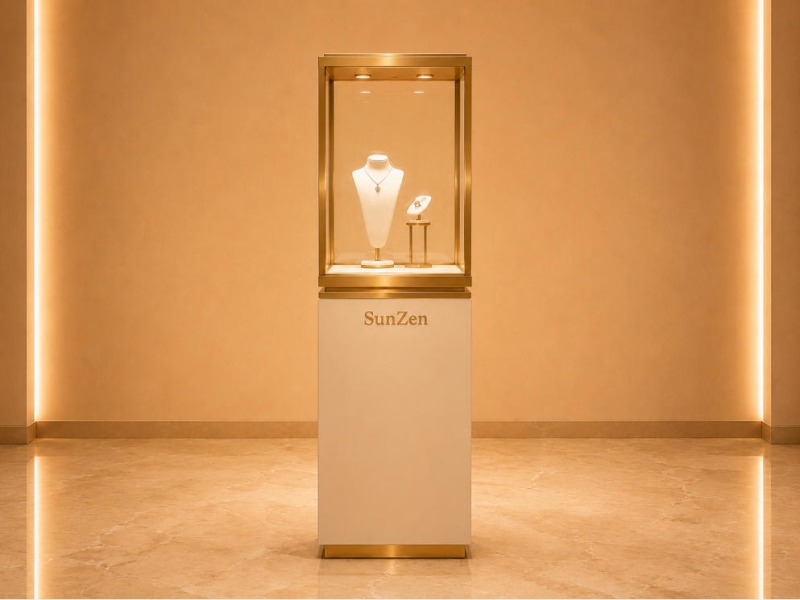 Cream Square Pedestal | Gold Frame Tower Vitrine Top Spot Jewelry Booth Necklace Bust Interior Branded Gem Display Stand