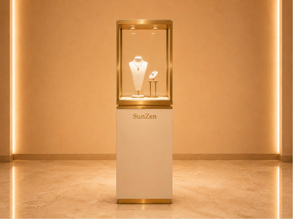 Cream Square Pedestal | Gold Frame Tower Vitrine Top Spot Jewelry Booth Necklace Bust Interior Branded Gem Display Stand