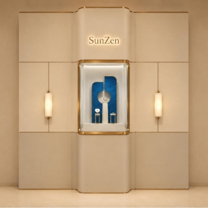 Curved Center Niche Wall | Illuminated Brand Letter Panel Blue Velvet Inner Backdrop Wall Sconce Accent Booth Gold Trim Modular Display Wall