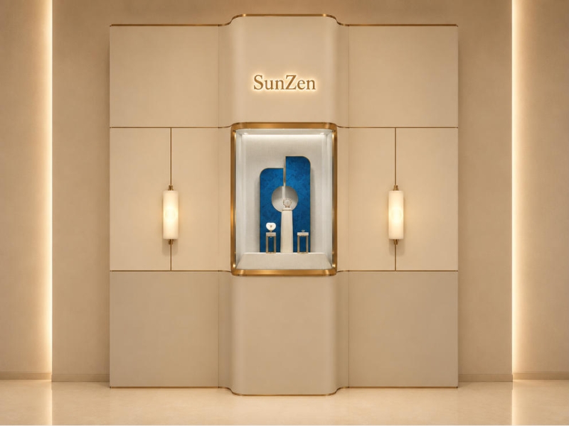 Curved Center Niche Wall | Illuminated Brand Letter Panel Blue Velvet Inner Backdrop Wall Sconce Accent Booth Gold Trim Modular Display Wall