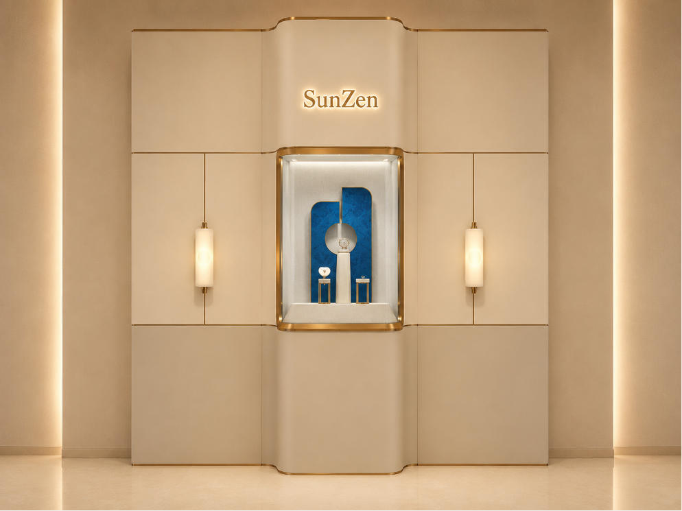 Curved Center Niche Wall | Illuminated Brand Letter Panel Blue Velvet Inner Backdrop Wall Sconce Accent Booth Gold Trim Modular Display Wall