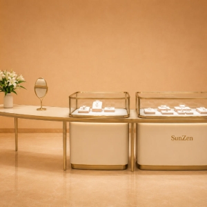 Curved Consultation Counter | Dual Tabletop Vitrine Slim Gold Leg Booth Cream Curved Cabinet Combined Client Display Station