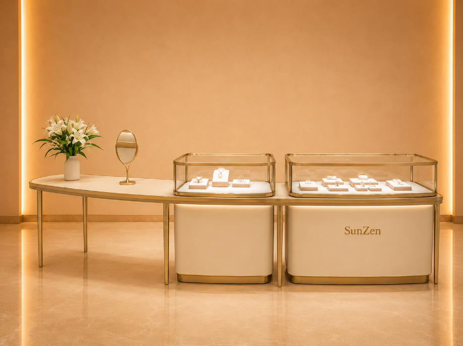 Curved Consultation Counter | Dual Tabletop Vitrine Slim Gold Leg Booth Cream Curved Cabinet Combined Client Display Station