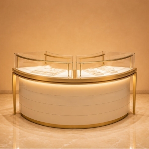 Curved Cream Jewelry Counter | Dual Arc Glass Booth Gold Curved Frame Case Round Layered Base Unit Center Gem Display Island
