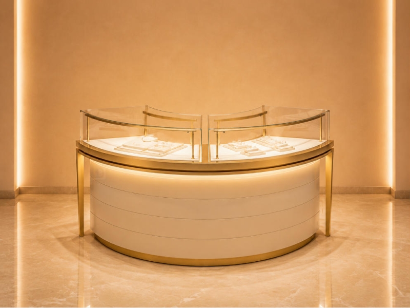 Curved Cream Jewelry Counter | Dual Arc Glass Booth Gold Curved Frame Case Round Layered Base Unit Center Gem Display Island