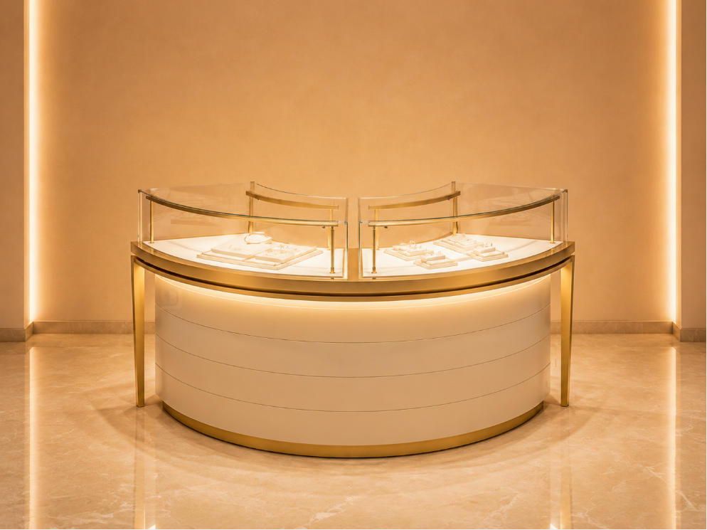 Curved Cream Jewelry Counter | Dual Arc Glass Booth Gold Curved Frame Case Round Layered Base Unit Center Gem Display Island