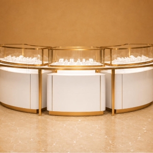 Curved Modular Jewelry Island | Gold Trim Glass Counter Central Jewelry Kiosk – Sunzen Display 2 Curved Modular Jewelry Island | Gold Trim Glass Counter Central Jewelry Kiosk – Sunzen Display