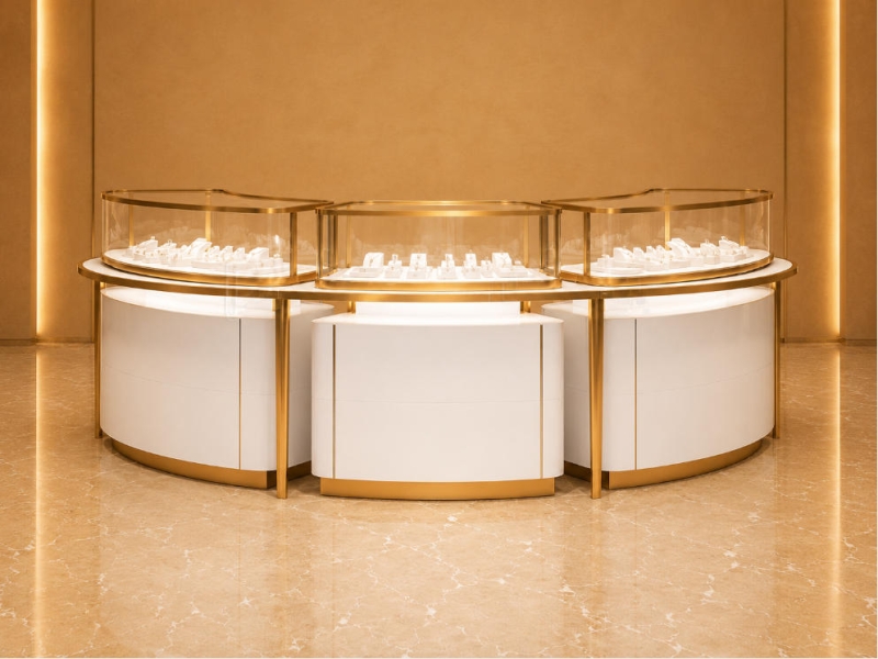 Curved Modular Jewelry Island | Gold Trim Glass Counter Central Jewelry Kiosk – Sunzen Display