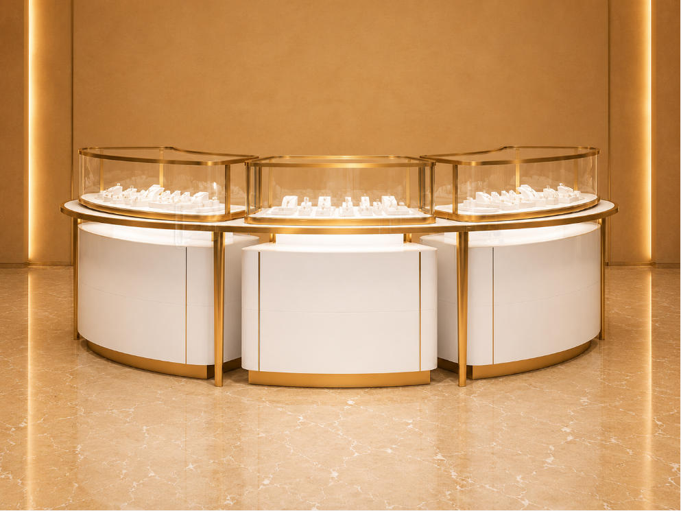 Curved Modular Jewelry Island | Gold Trim Glass Counter Central Jewelry Kiosk – Sunzen Display 1 Curved Modular Jewelry Island | Gold Trim Glass Counter Central Jewelry Kiosk – Sunzen Display