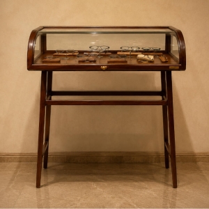 Curved Top Wood Vitrine | Four Leg Narrow Booth Wall Leaning Tall Case Flip Front Antique Unit Vintage Metal Relic Cabinet