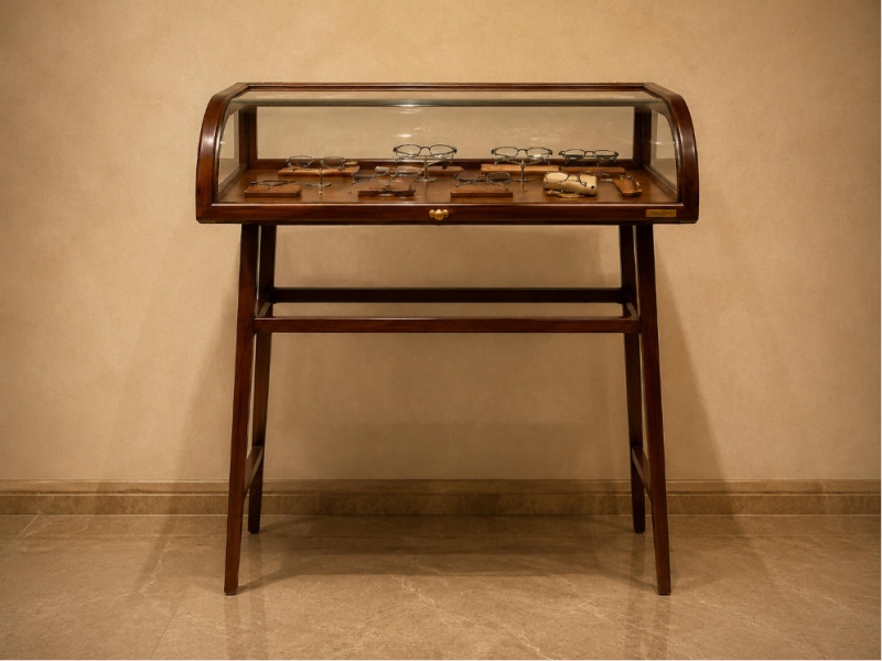 Curved Top Wood Vitrine | Four Leg Narrow Booth Wall Leaning Tall Case Flip Front Antique Unit Vintage Metal Relic Cabinet