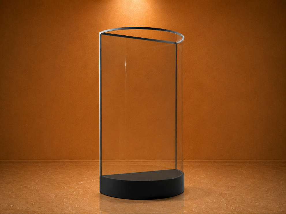 Curved Wall Mount Museum Display Case | Slim Arc Glass Museum Wall Vitrine - SUNZEN 1 Curved Wall Mount Museum Display Case | Slim Arc Glass Museum Wall Vitrine - SUNZEN