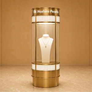 Cylindrical Pearl Tower | Rotatable Floor Kiosk Brass Round Vitrine - Sunzen 2 Cylindrical Pearl Tower | Rotatable Floor Kiosk Brass Round Vitrine - Sunzen