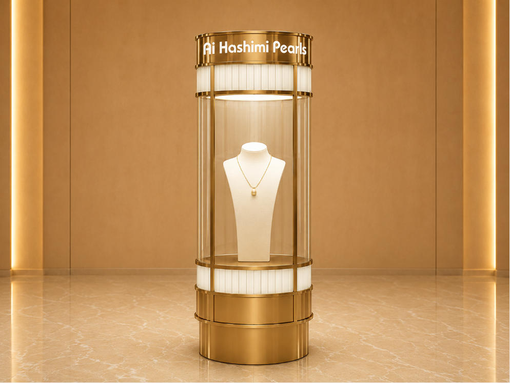 Cylindrical Pearl Tower | Rotatable Floor Kiosk Brass Round Vitrine - Sunzen 1 Cylindrical Pearl Tower | Rotatable Floor Kiosk Brass Round Vitrine - Sunzen