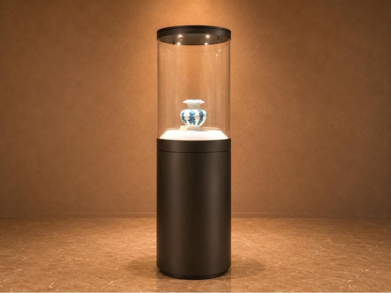 Cylindrical Vase Vitrine | Round Pedestal Museum Stand Single Pottery Exhibit Tower – Sunzen Display