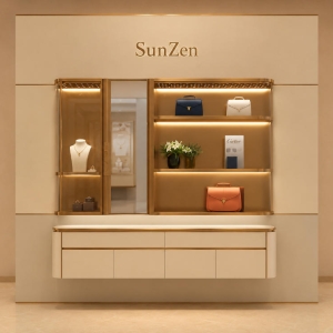 Dual Compartment Wall Unit | Floating Cream Drawer Bank Gold Lit Shelf Niche Sliding Glass Display Bay Luxury Goods Backdrop Wall 2 Dual Compartment Wall Unit | Floating Cream Drawer Bank Gold Lit Shelf Niche Sliding Glass Display Bay Luxury Goods Backdrop Wall