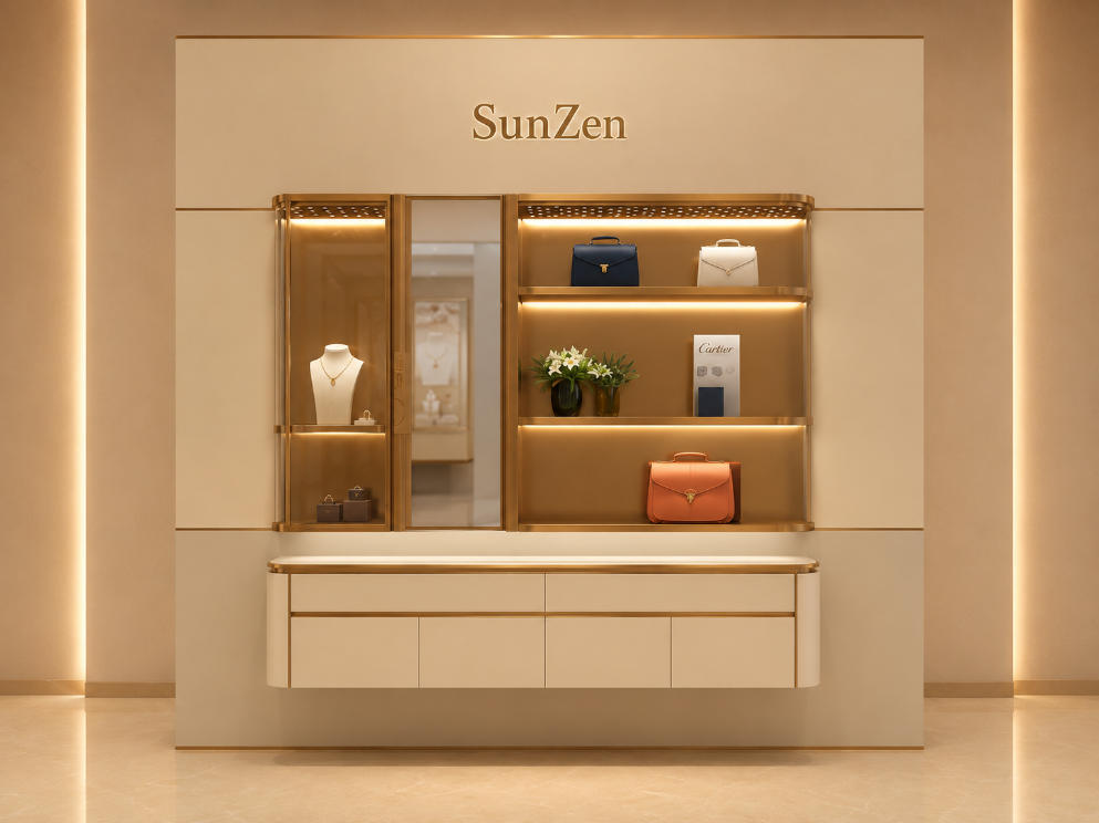 Dual Compartment Wall Unit | Floating Cream Drawer Bank Gold Lit Shelf Niche Sliding Glass Display Bay Luxury Goods Backdrop Wall 1 Dual Compartment Wall Unit | Floating Cream Drawer Bank Gold Lit Shelf Niche Sliding Glass Display Bay Luxury Goods Backdrop Wall