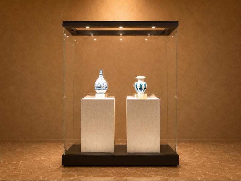 Dual Pedestal Glass Vitrine | Double Vase Display Case Wide Heritage Glass Booth – Sunzen Display