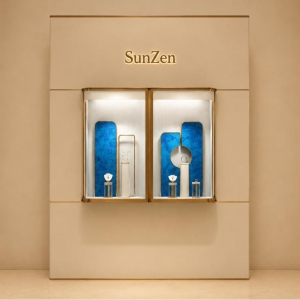 Dual Recess Niche Wall | Double Gold Frame Vitrine Blue Velvet Accent Panel Three Band Cream Wall Divided Gem Backdrop Unit 2 Dual Recess Niche Wall | Double Gold Frame Vitrine Blue Velvet Accent Panel Three Band Cream Wall Divided Gem Backdrop Unit